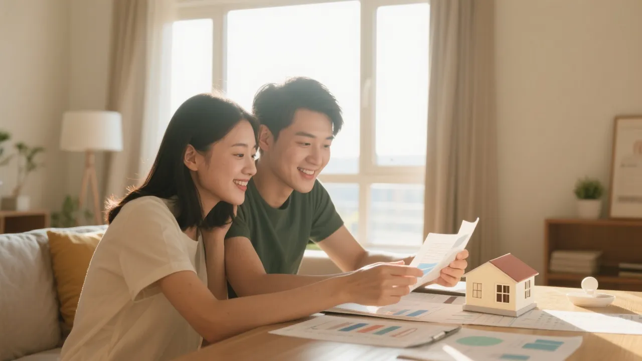 阳光房间里，年轻情侣查看房产资料与预算表，氛围温暖